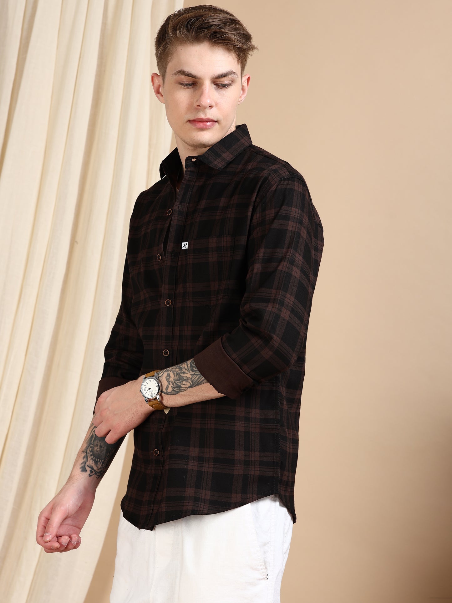 Brown Cotton Blend Trendy Formal Check Shirt For Men