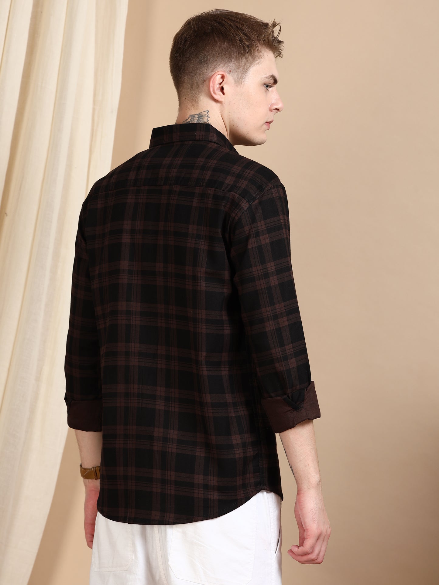 Brown Cotton Blend Trendy Formal Check Shirt For Men