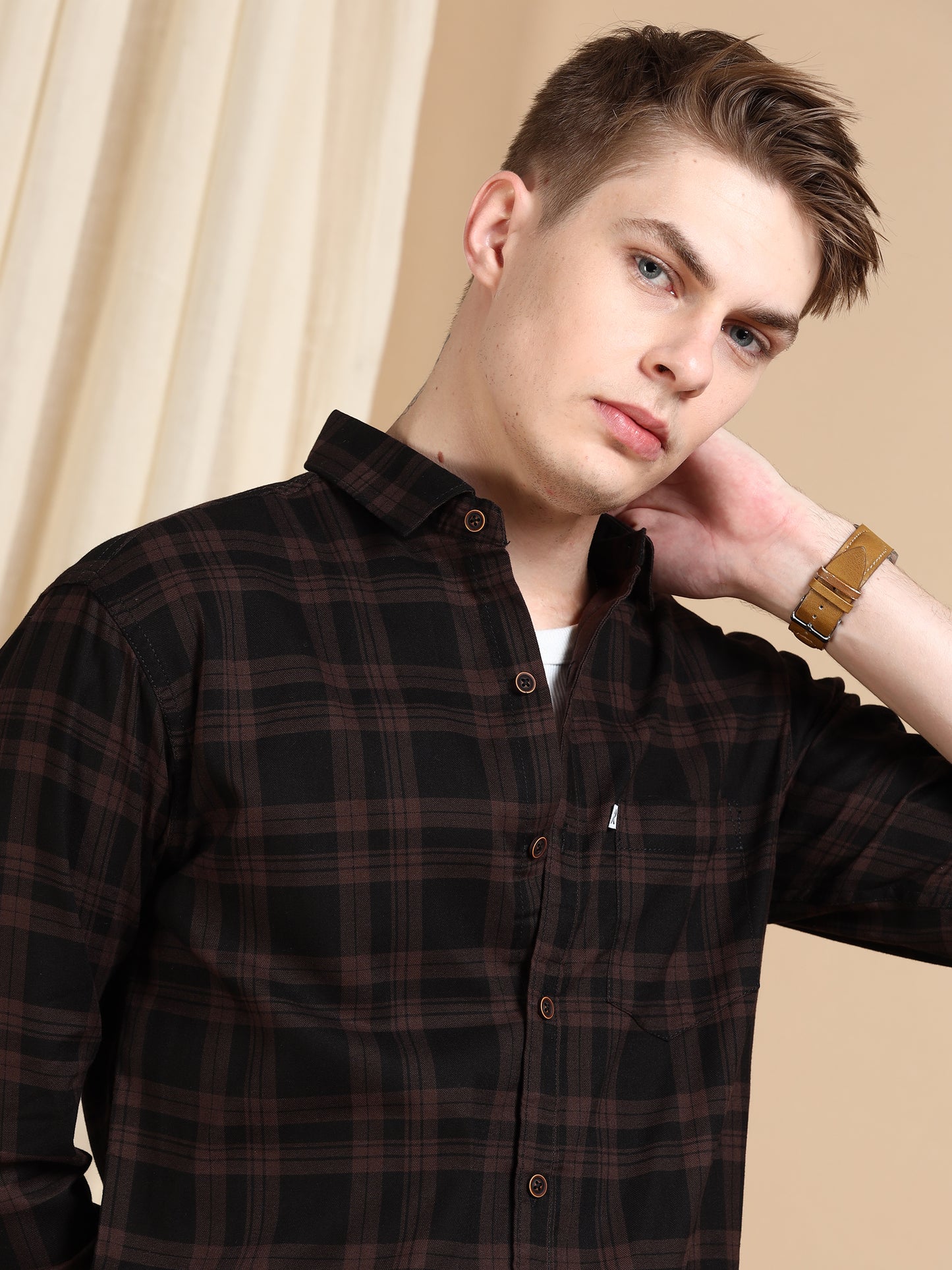 Brown Cotton Blend Trendy Formal Check Shirt For Men