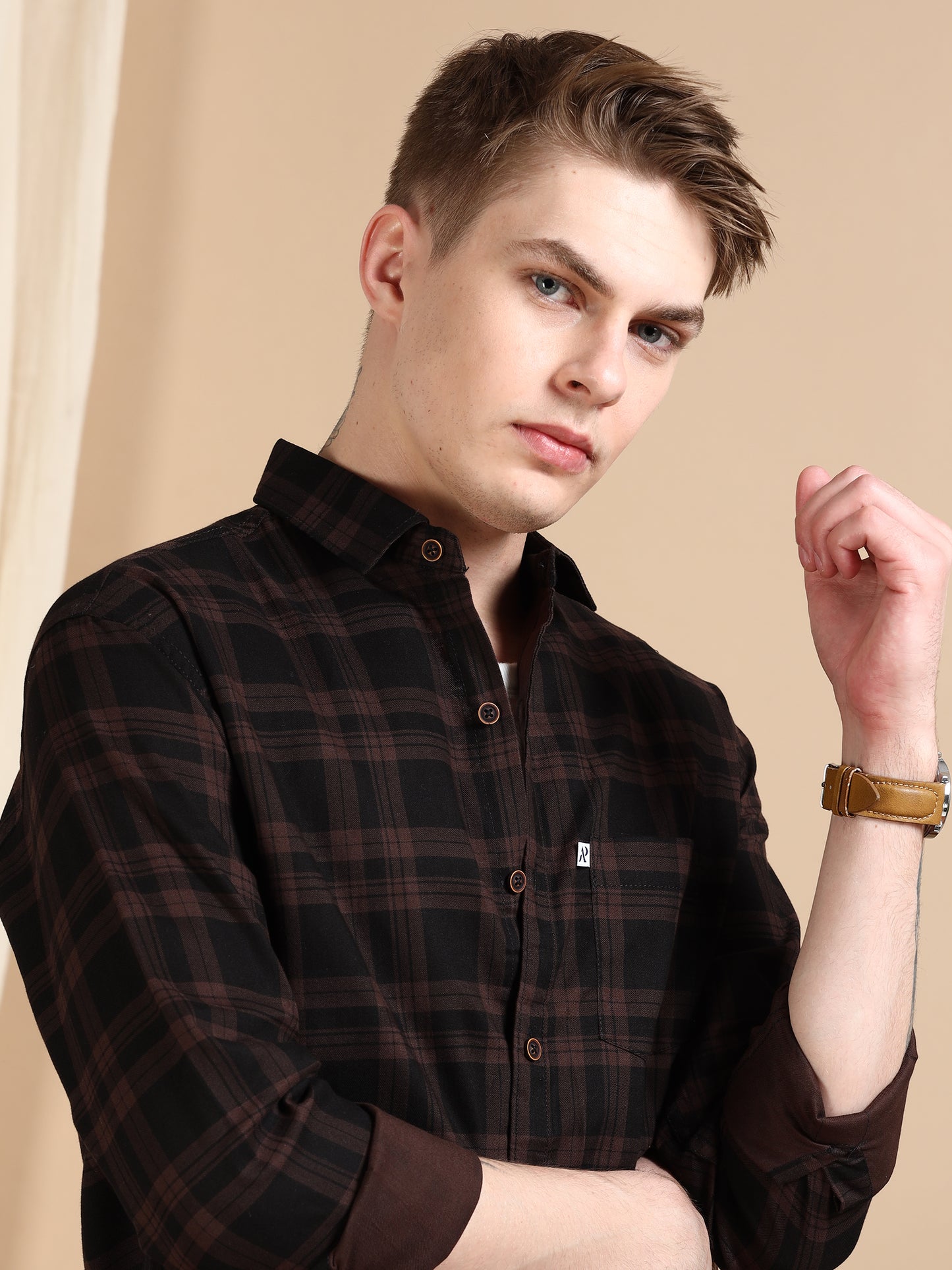 Brown Cotton Blend Trendy Formal Check Shirt For Men