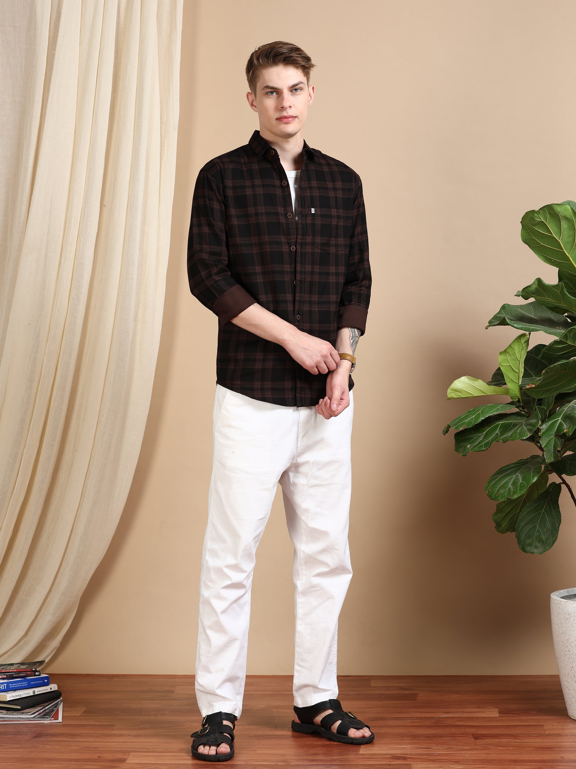 Brown Cotton Blend Trendy Formal Check Shirt For Men