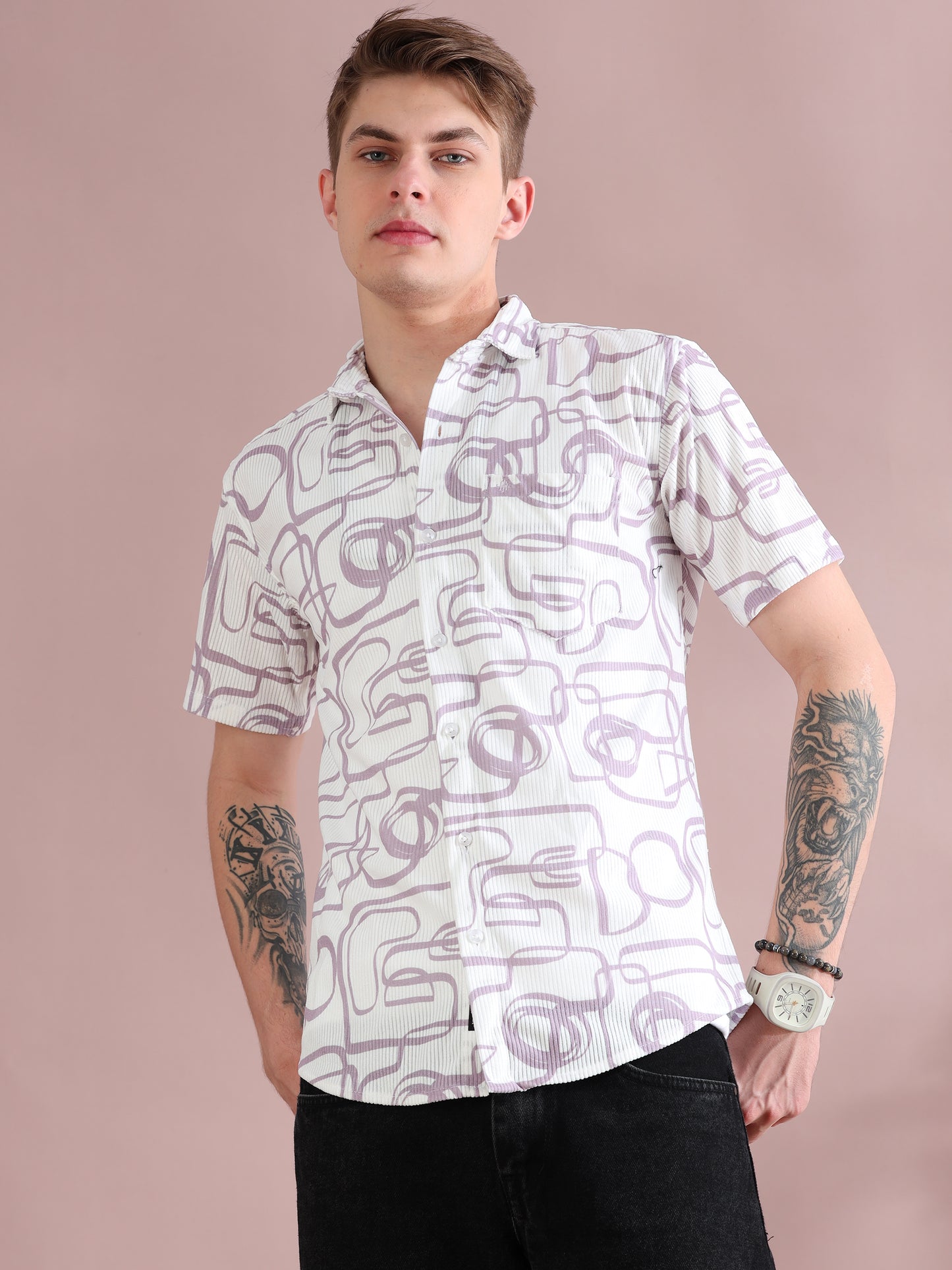 Half Sleeves Courduroy White Printed Shirt Mens