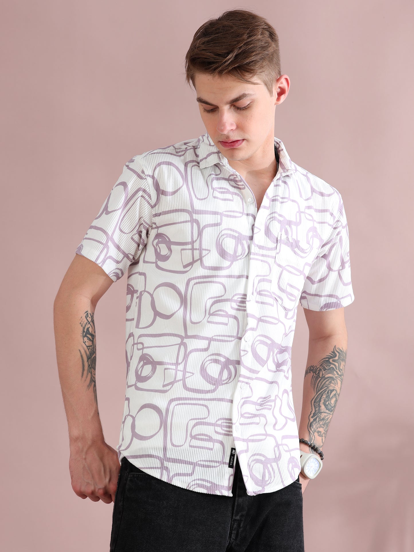 Half Sleeves Courduroy White Printed Shirt Mens