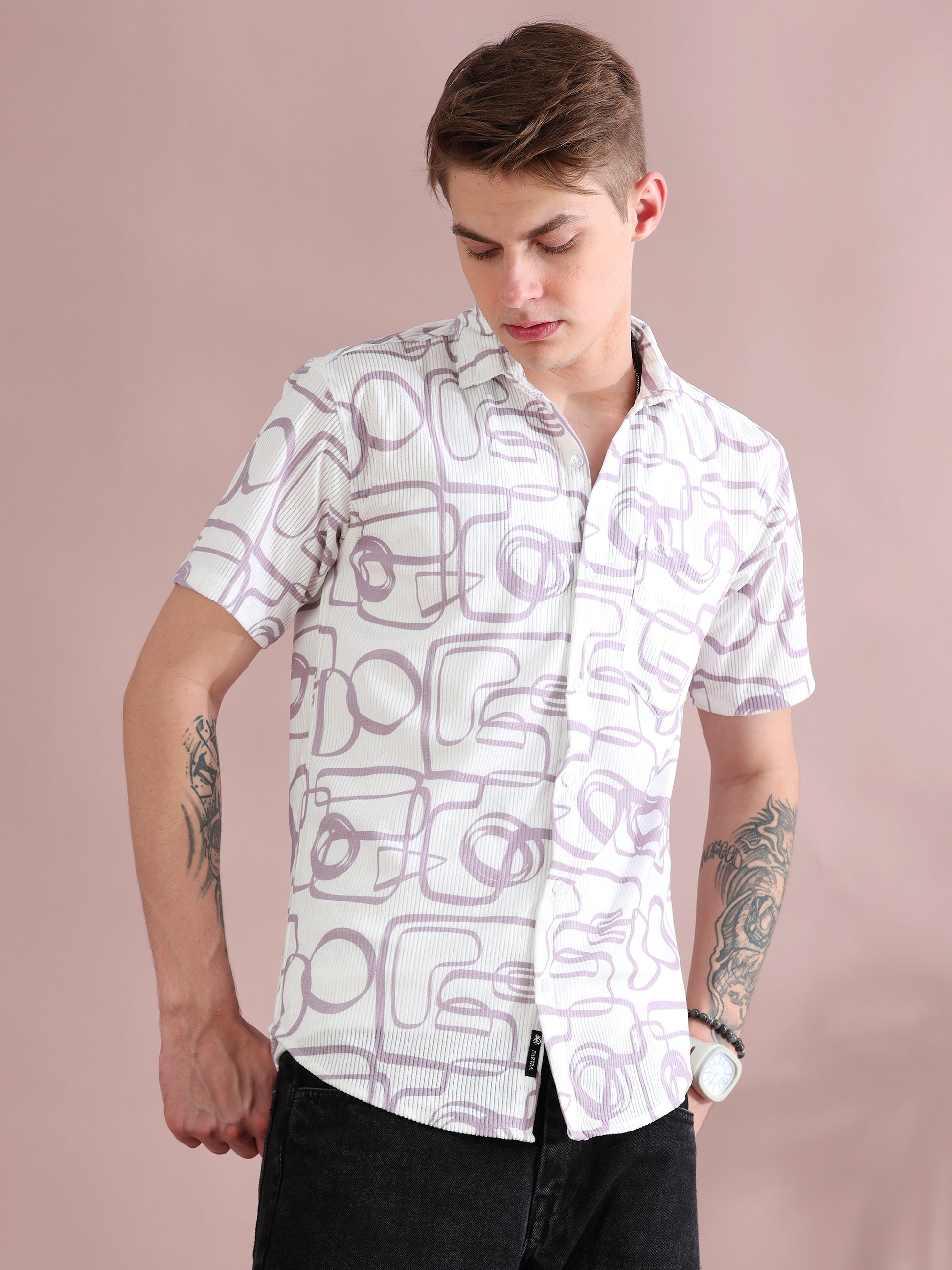 Half Sleeves Courduroy White Printed Shirt Mens