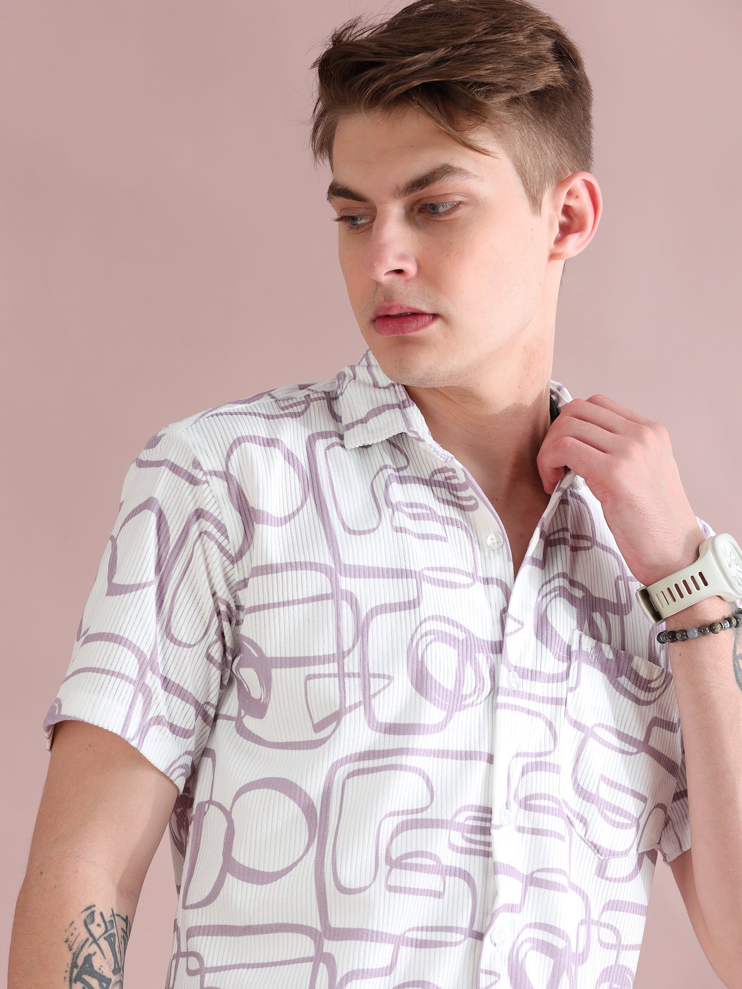 Half Sleeves Courduroy White Printed Shirt Mens