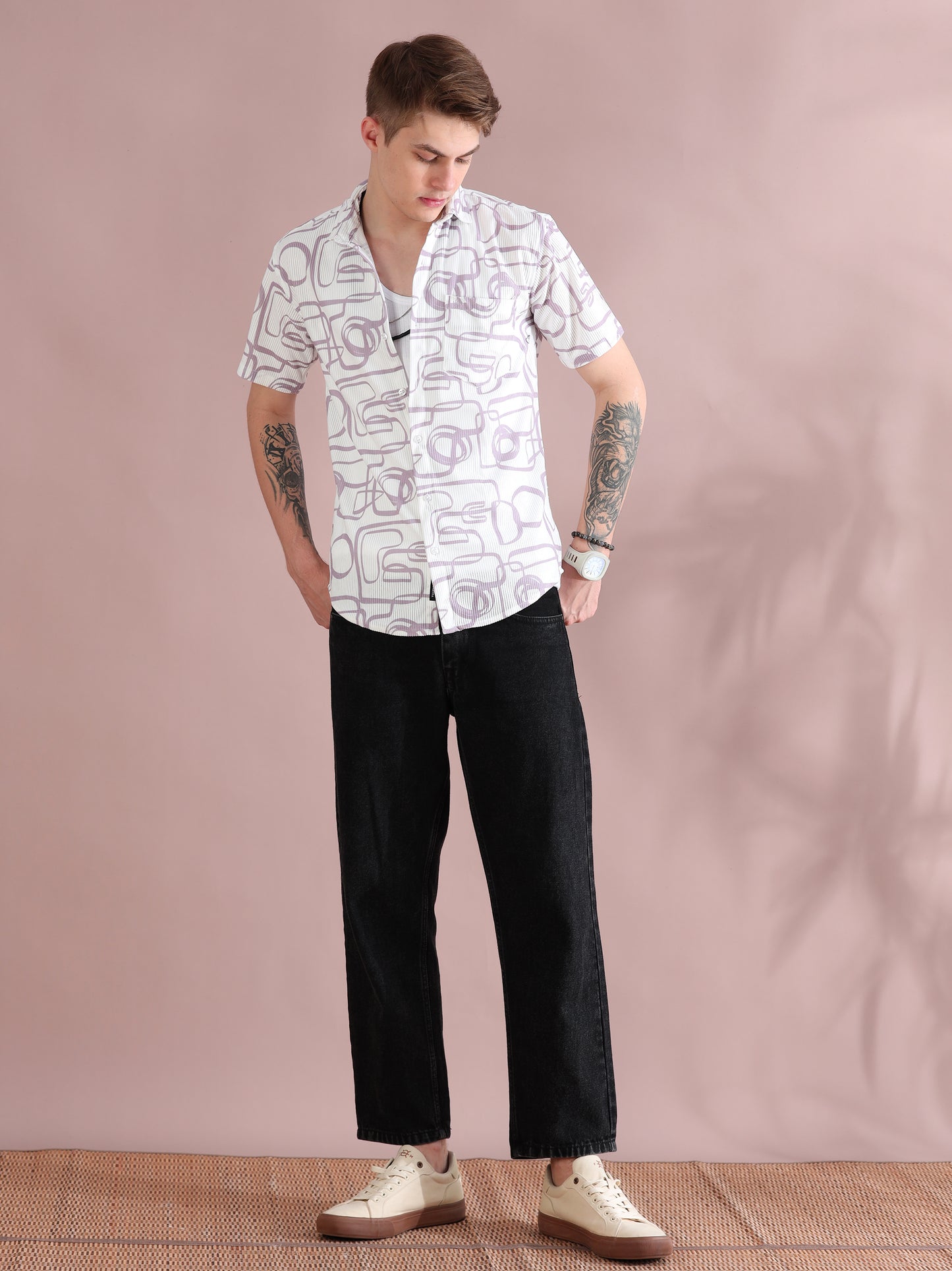 Half Sleeves Courduroy White Printed Shirt Mens