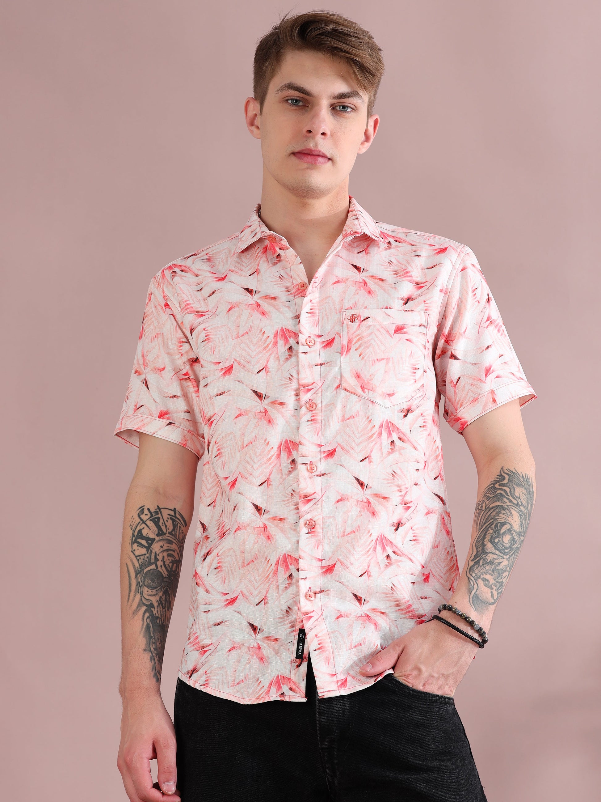 Pink Palm Printed Linen Shirt for Men