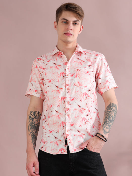 Pink Palm Printed Linen Shirt for Men