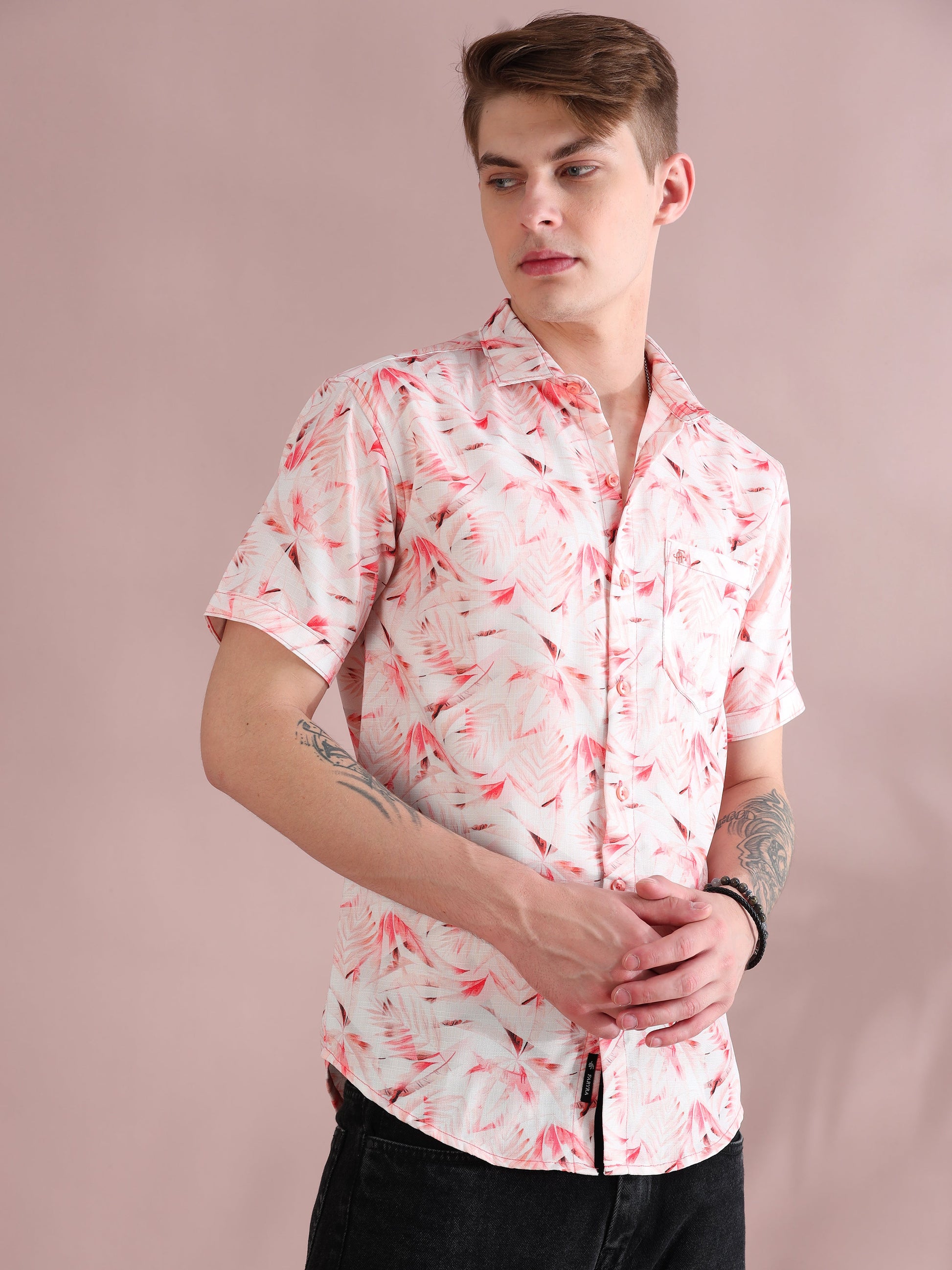 Pink Palm Printed Linen Shirt for Men