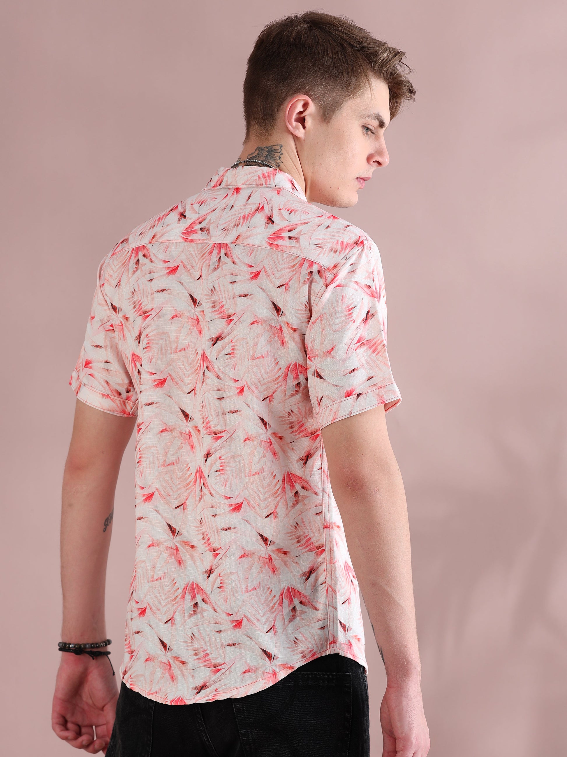 Pink Palm Printed Linen Shirt for Men