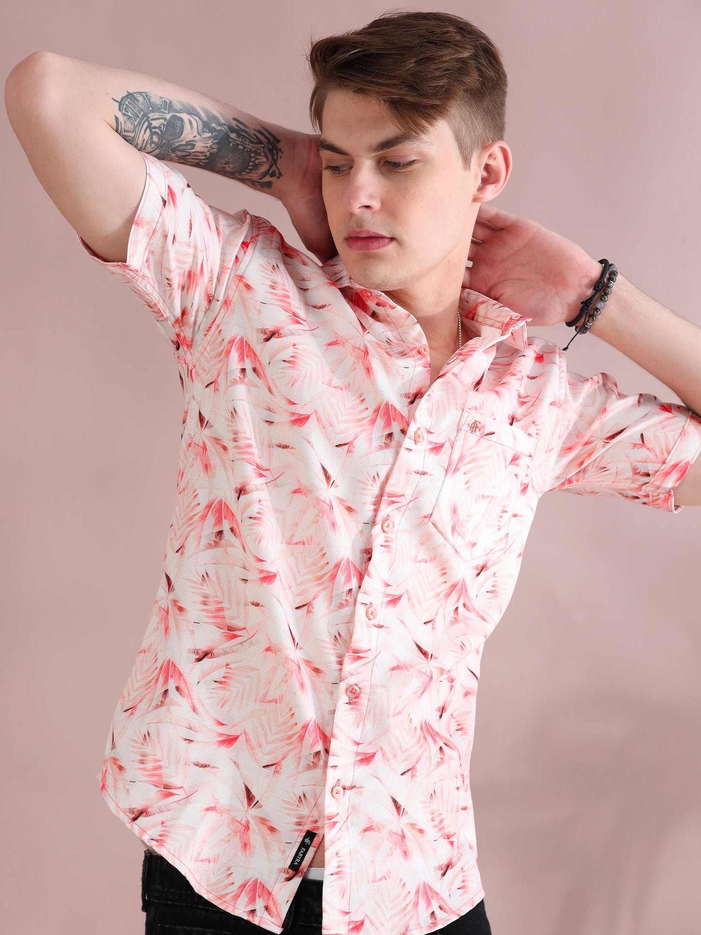 Pink Palm Printed Linen Shirt for Men
