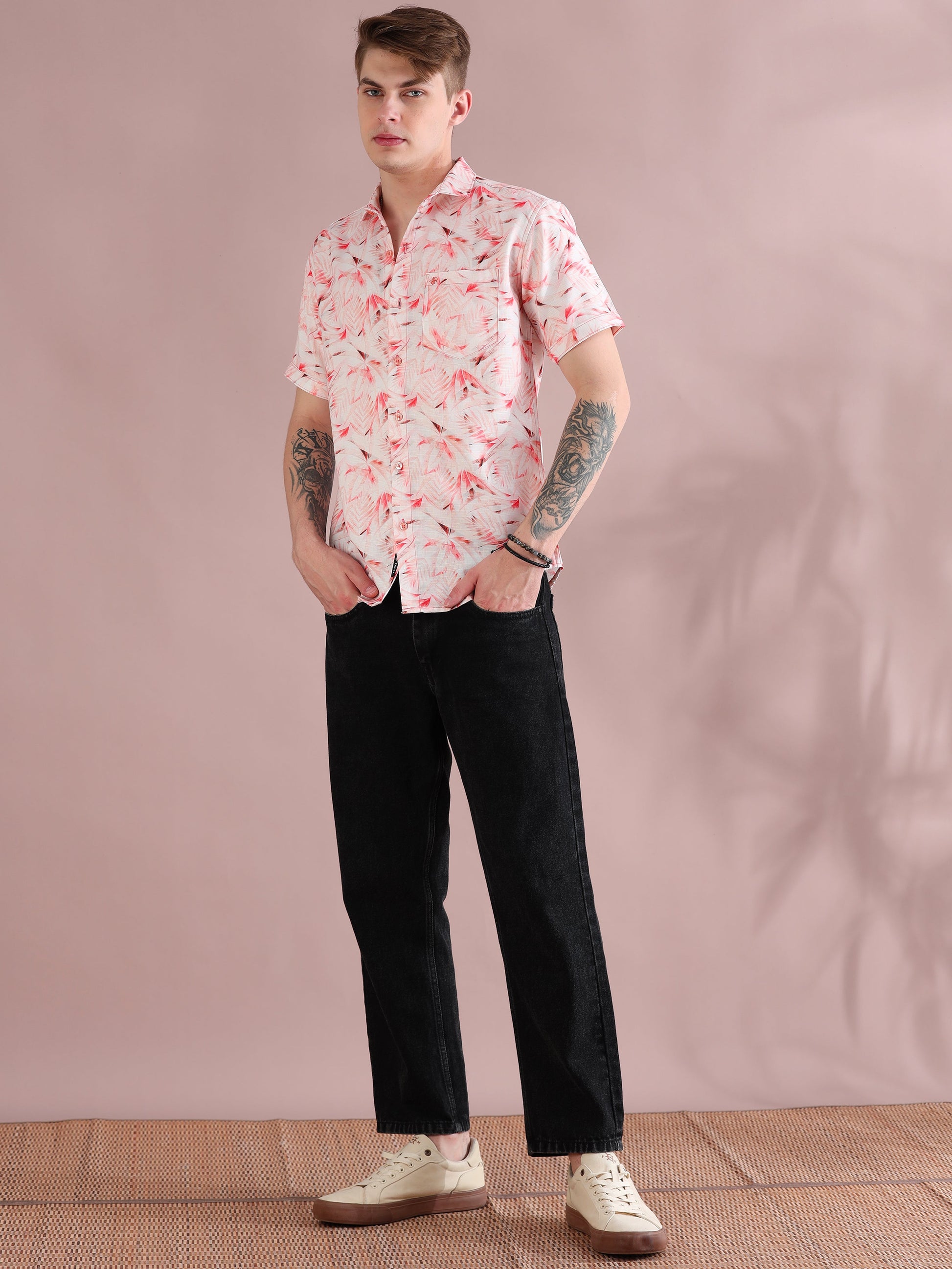 Pink Palm Printed Linen Shirt for Men