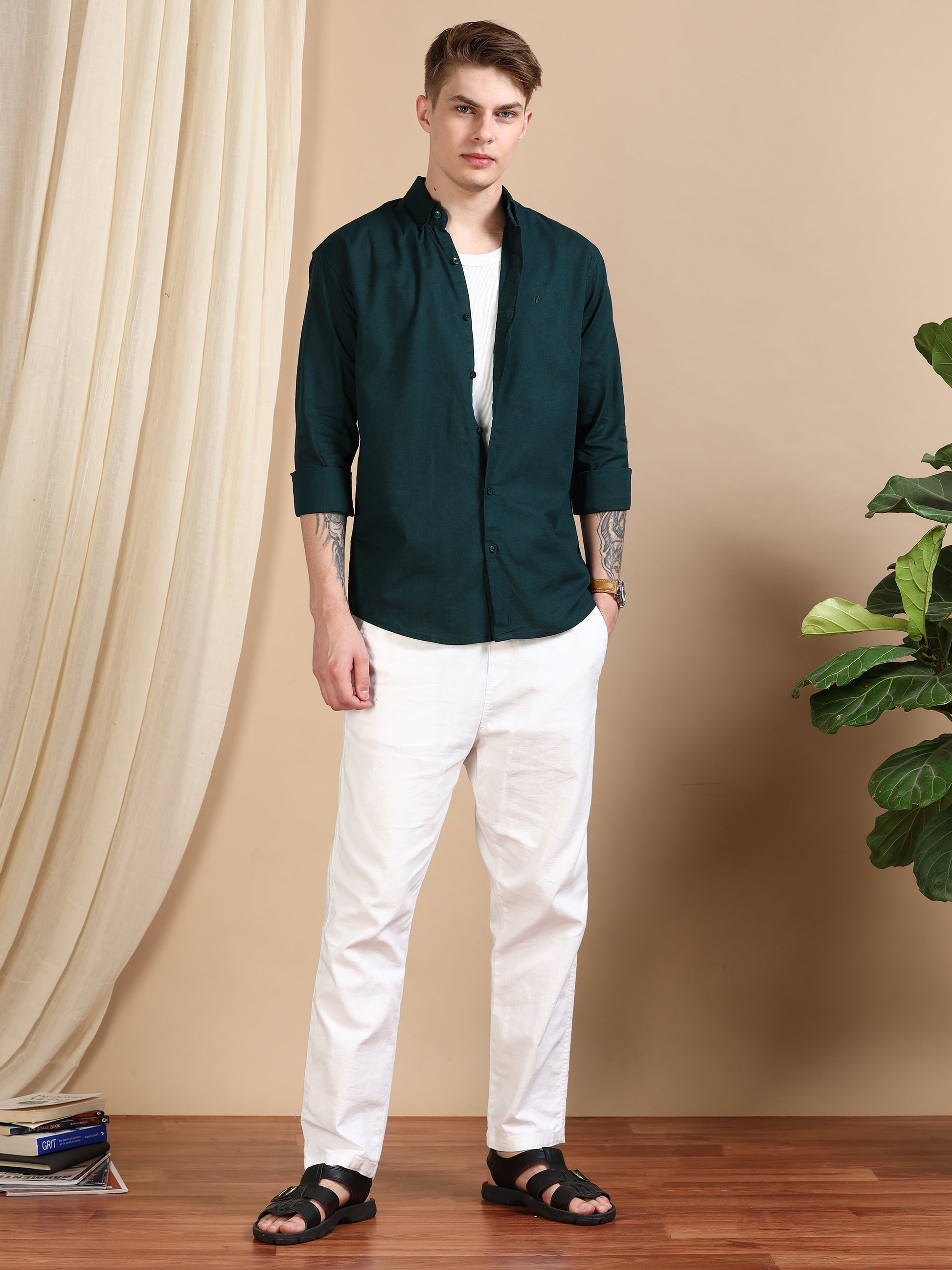 Solid Linen Dark Green Shirt For Men