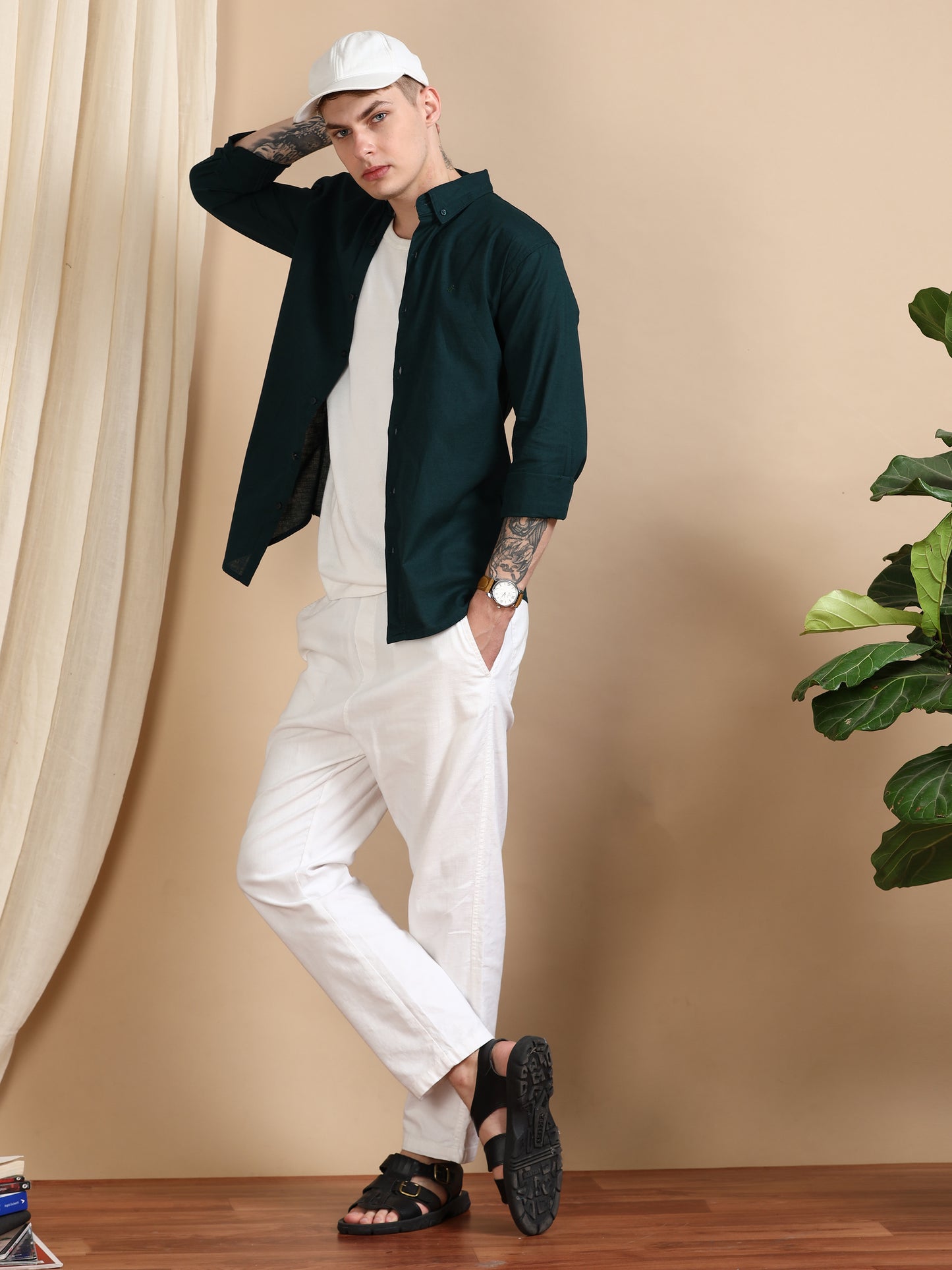 Solid Linen Dark Green Shirt For Men