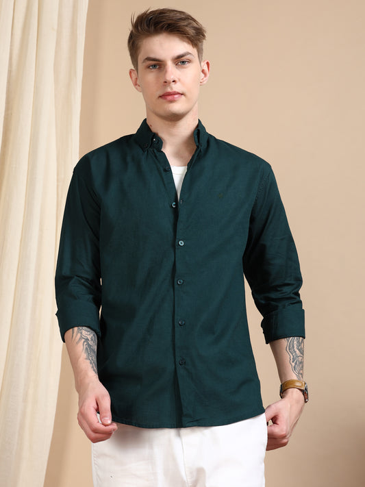 Solid Linen Dark Green Shirt For Men