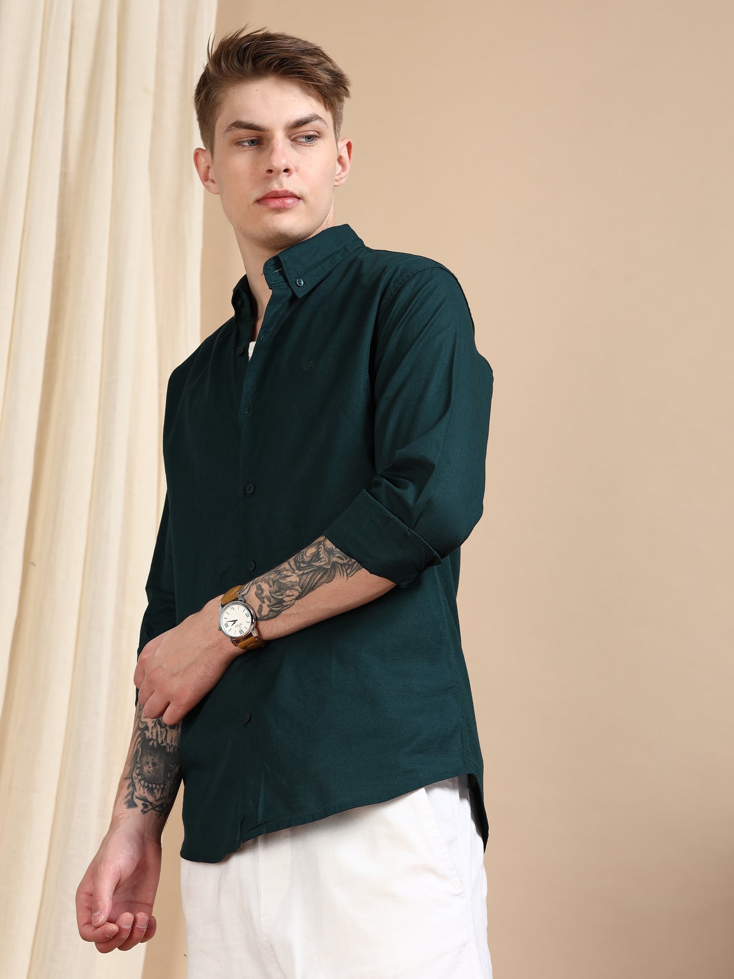 Solid Linen Dark Green Shirt For Men