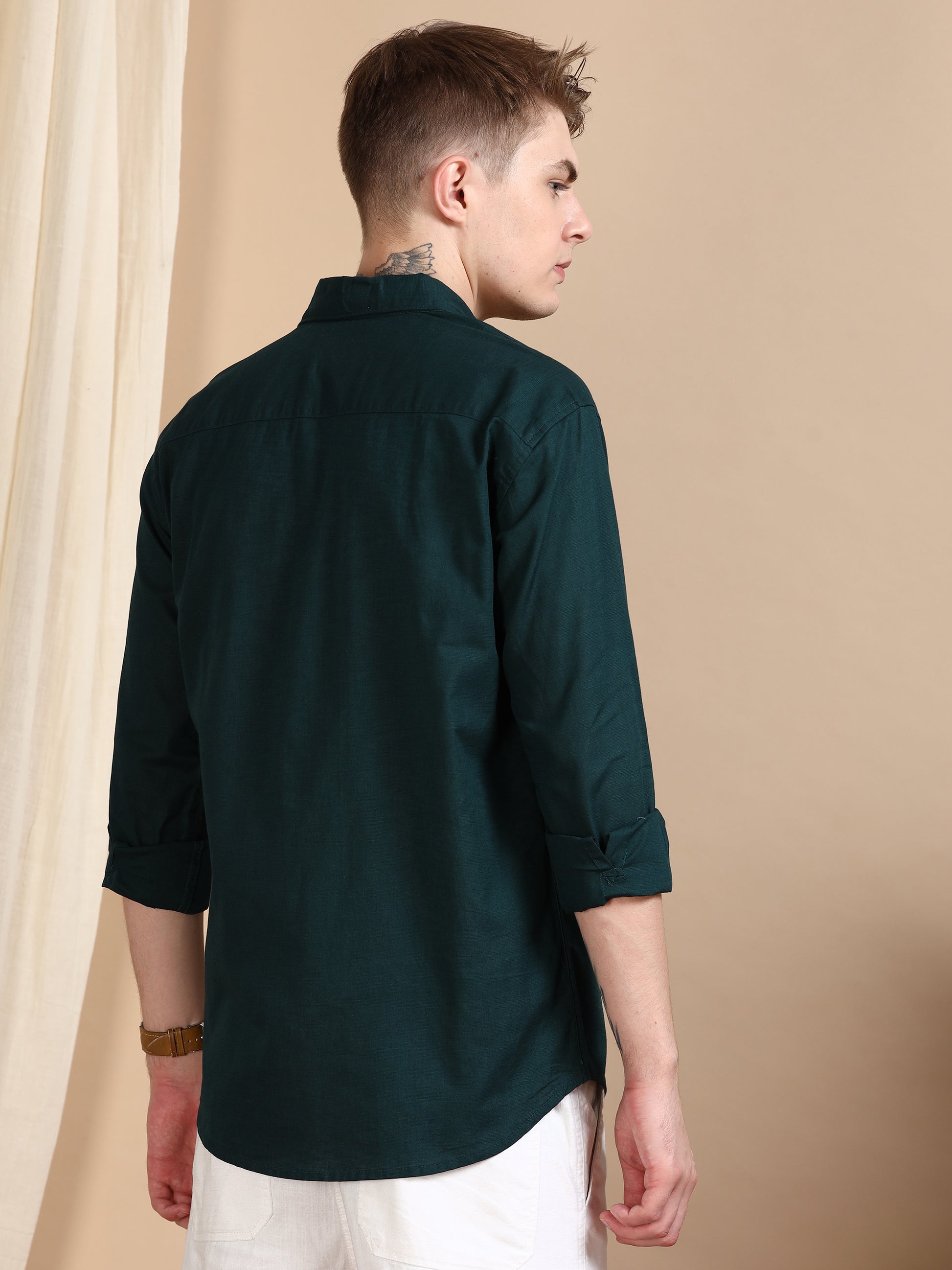 Solid Linen Dark Green Shirt For Men
