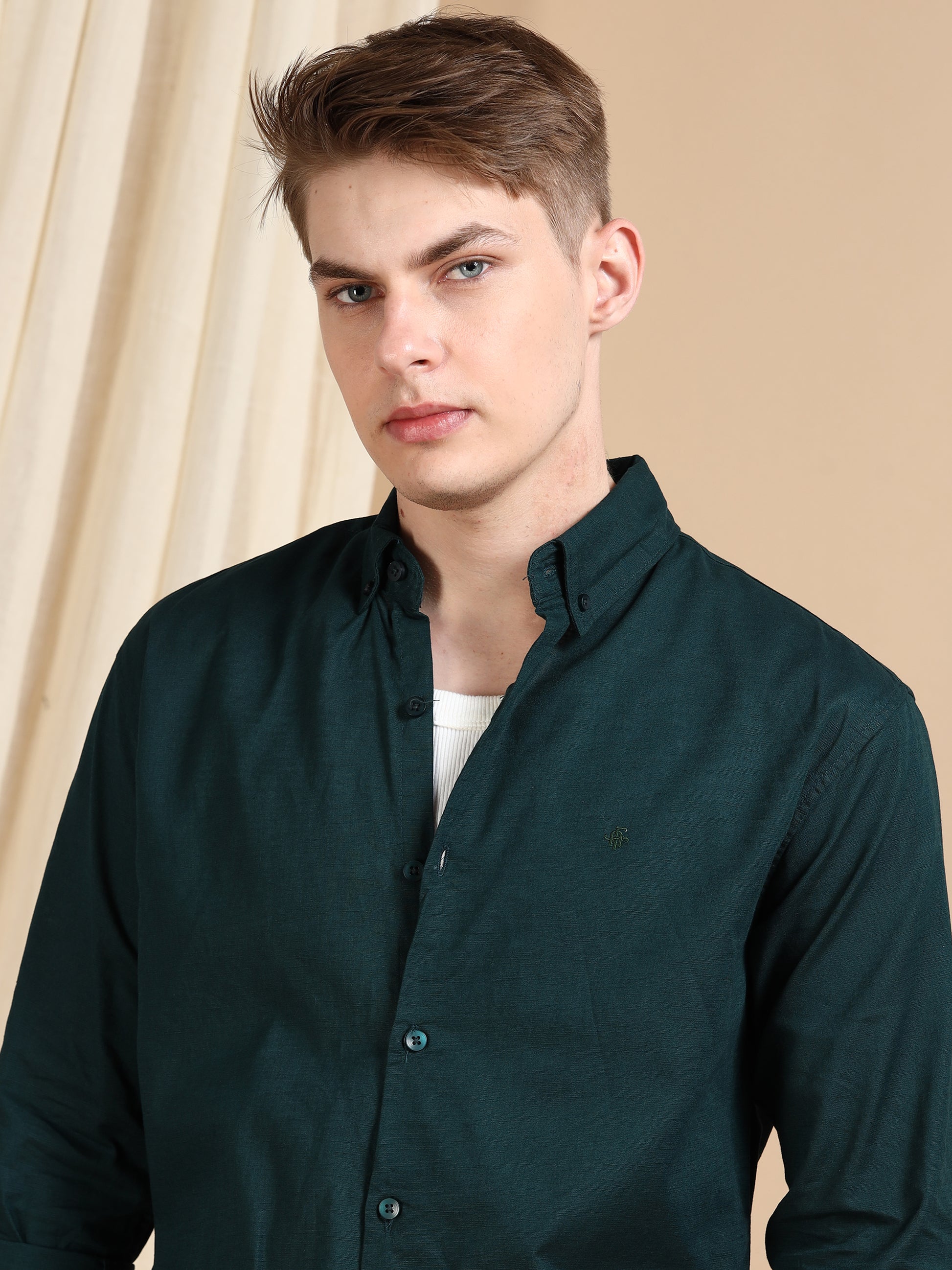 Solid Linen Dark Green Shirt For Men