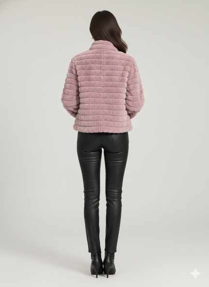 lavender plush faux fur winter jacket with zip closure and high neck, soft warm stylish winter outerwear