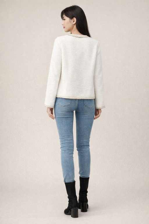 White Pearl-Button Tweed-Trim Cardigan/sweater for Women – Elegant Winter Layer