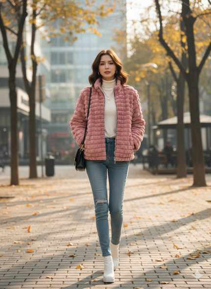 pink plush winter jacket, warm fashionable women winter outerwear for cold weather