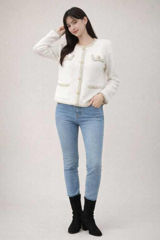 Woman wearing a white jacket and blue jeans on a plain background