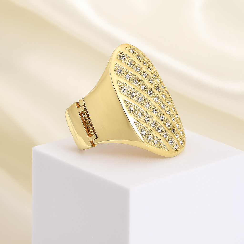 Luxury triangular gold plated ring featuring shimmering cubic zirconia accents