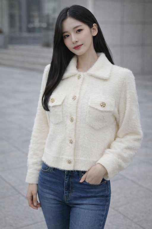 White Fuzzy Button-Up Sweater for Women – Chic Winter Essential with Crystal Buttons