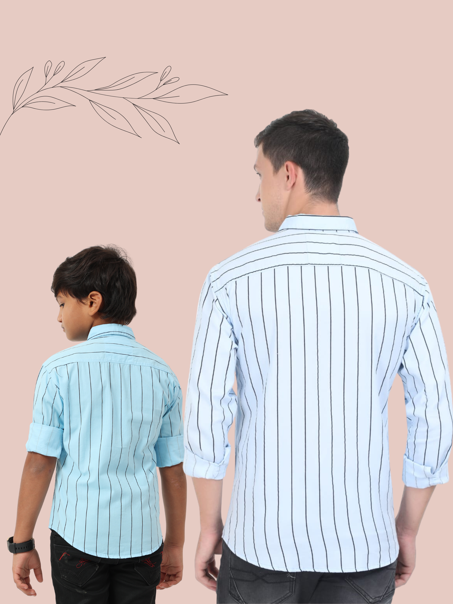 Two individuals wearing matching light blue striped shirts on a beige background