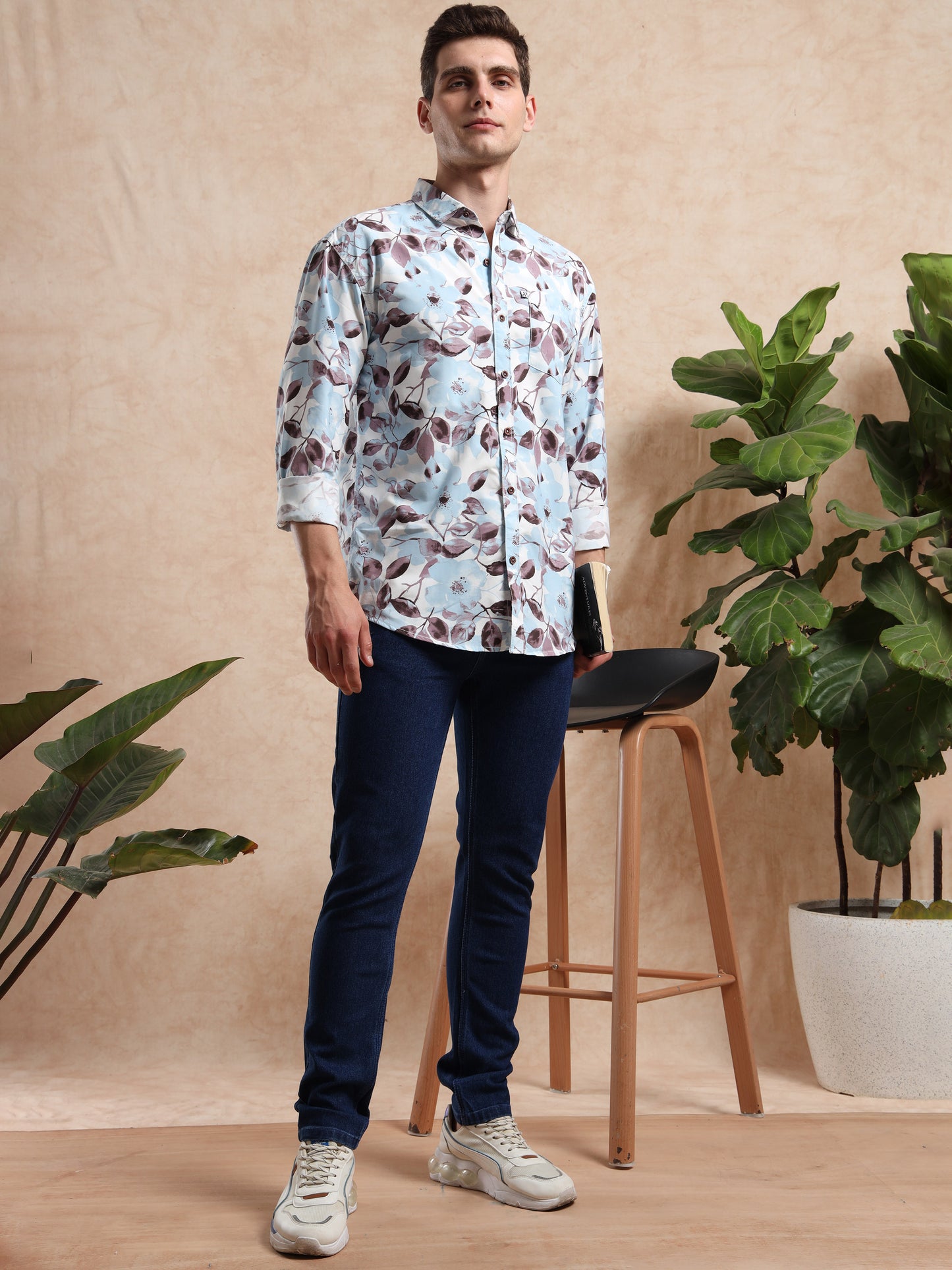 Men, Blue Floral Printed Shirt Styled with Dark Jeans and Sneakers