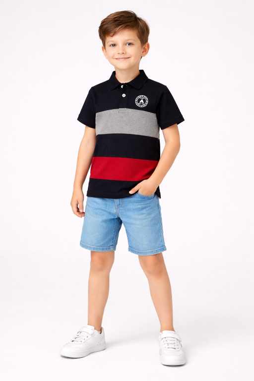 Stylish boys black polo neck t-shirt paired with denim shorts front pose fashionable kids casual clothing.
