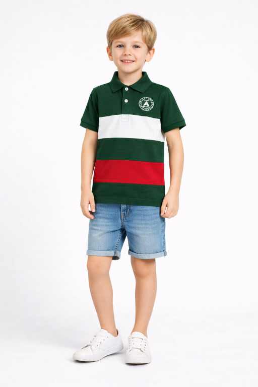 Stylish boys green polo neck t-shirt paired with jeans front pose fashionable kids casual clothing.