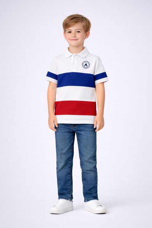 Kids white cotton polo t-shirt with collar, blue and red horizontal stripes premium boys fashion wear.