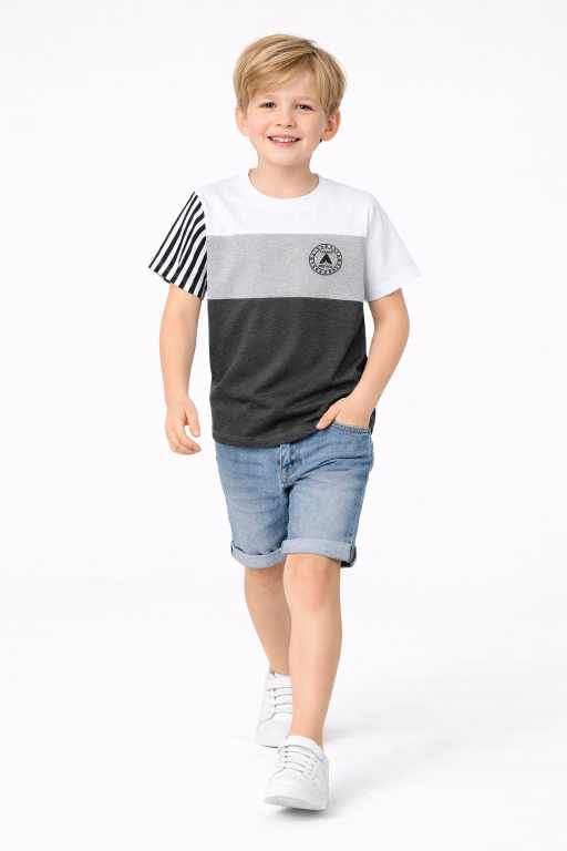 Boys white grey charcoal colorblock half sleeve t-shirt