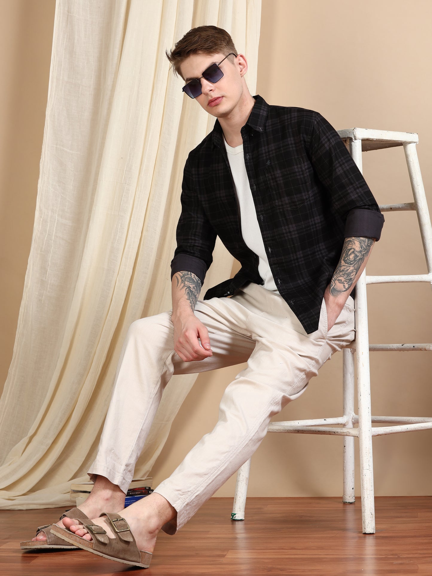 Ash Grey Casual Shirts Check Pattern for Men