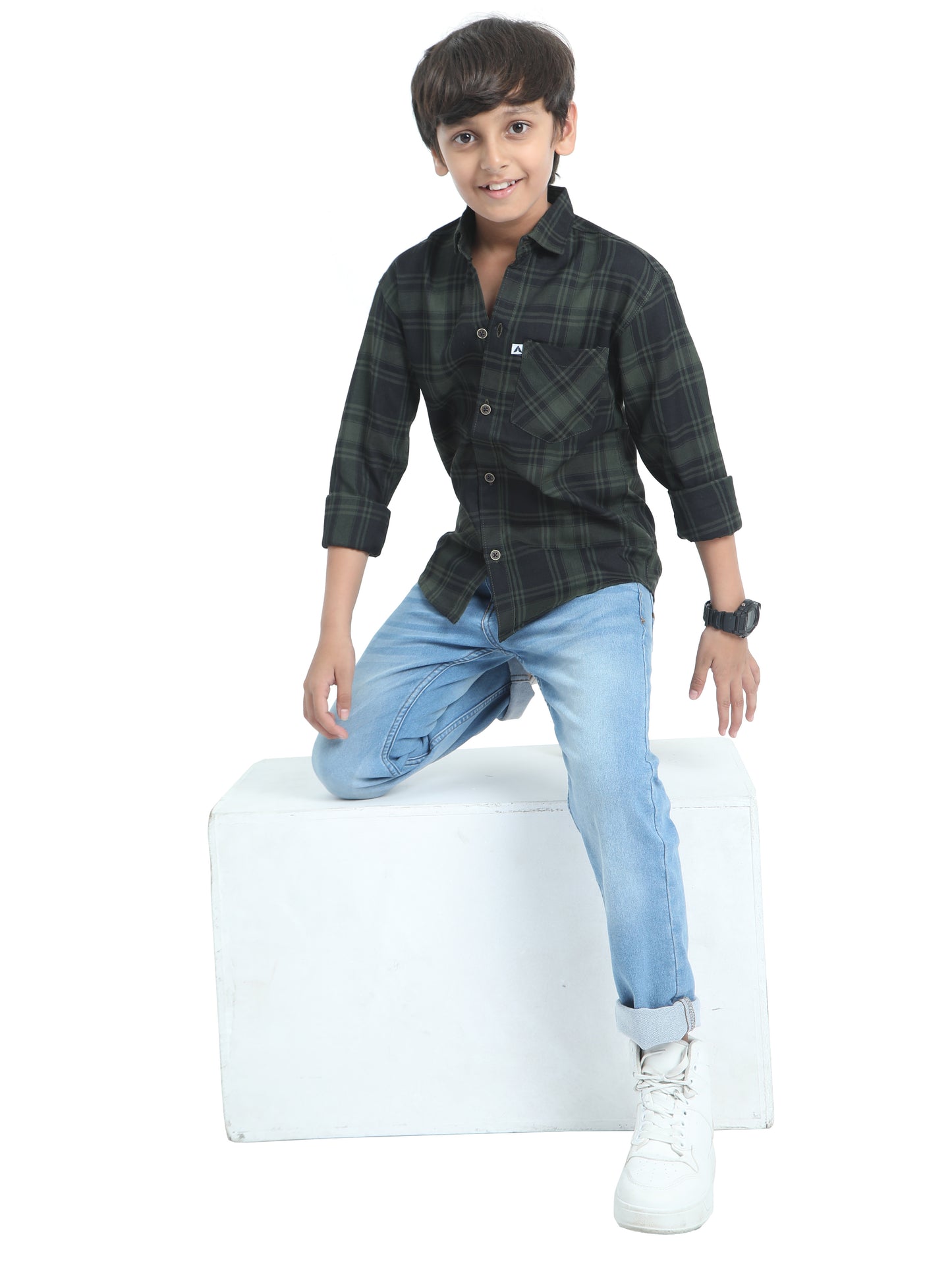 Cotton Tiger Checks Boys Green Shirt