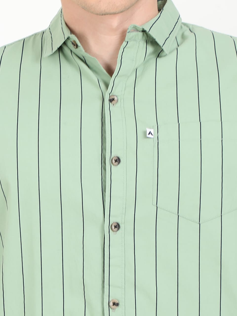Green striped shirt with a brand logo on a white background