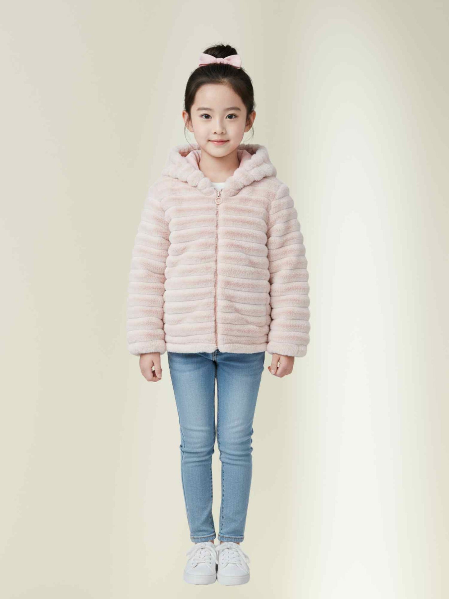 light pink fur hooded jacket paired with light blue denim jeans and white shoes, hair styled with a matching bow