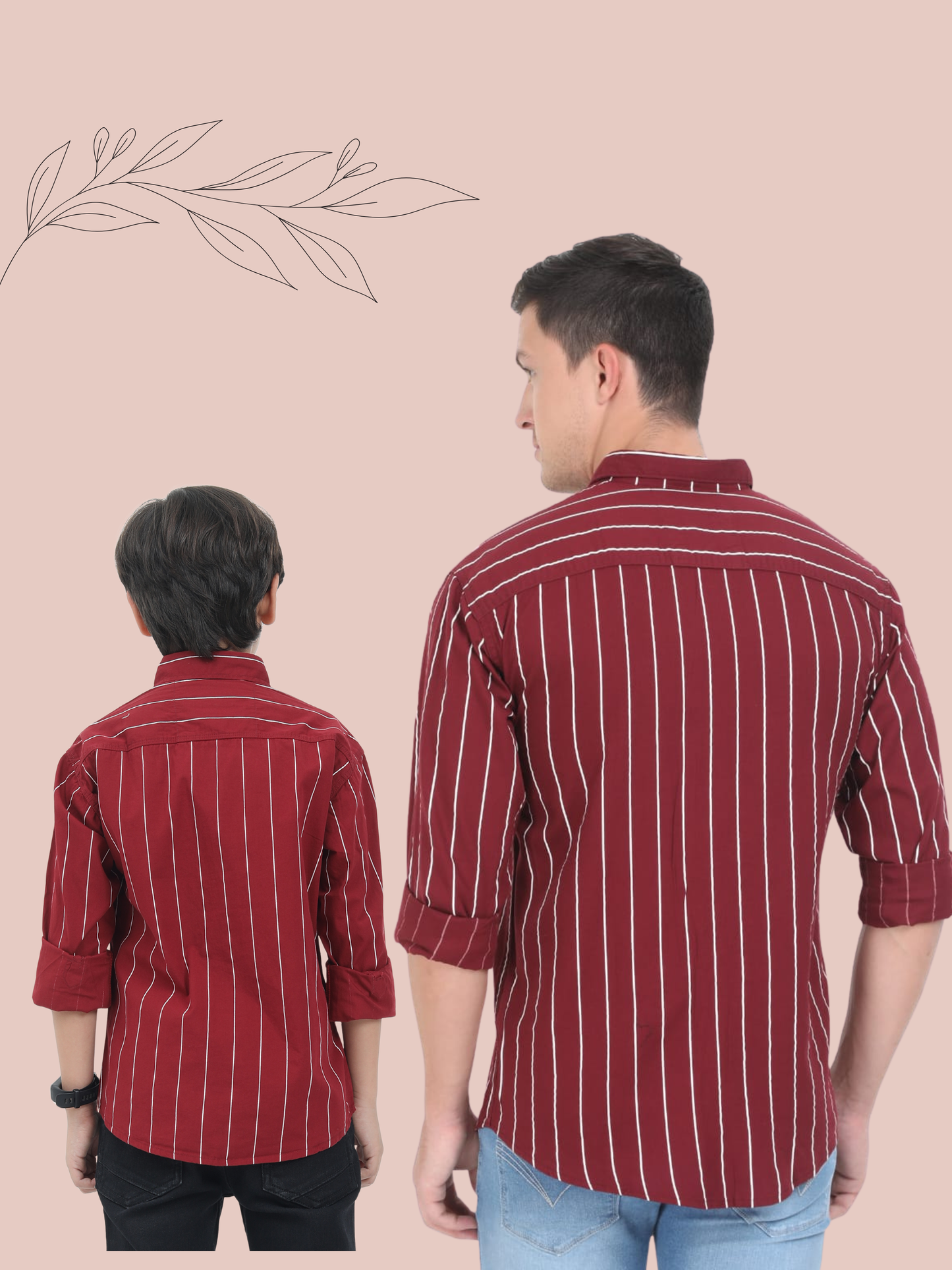 Two people wearing red striped shirts on a beige background