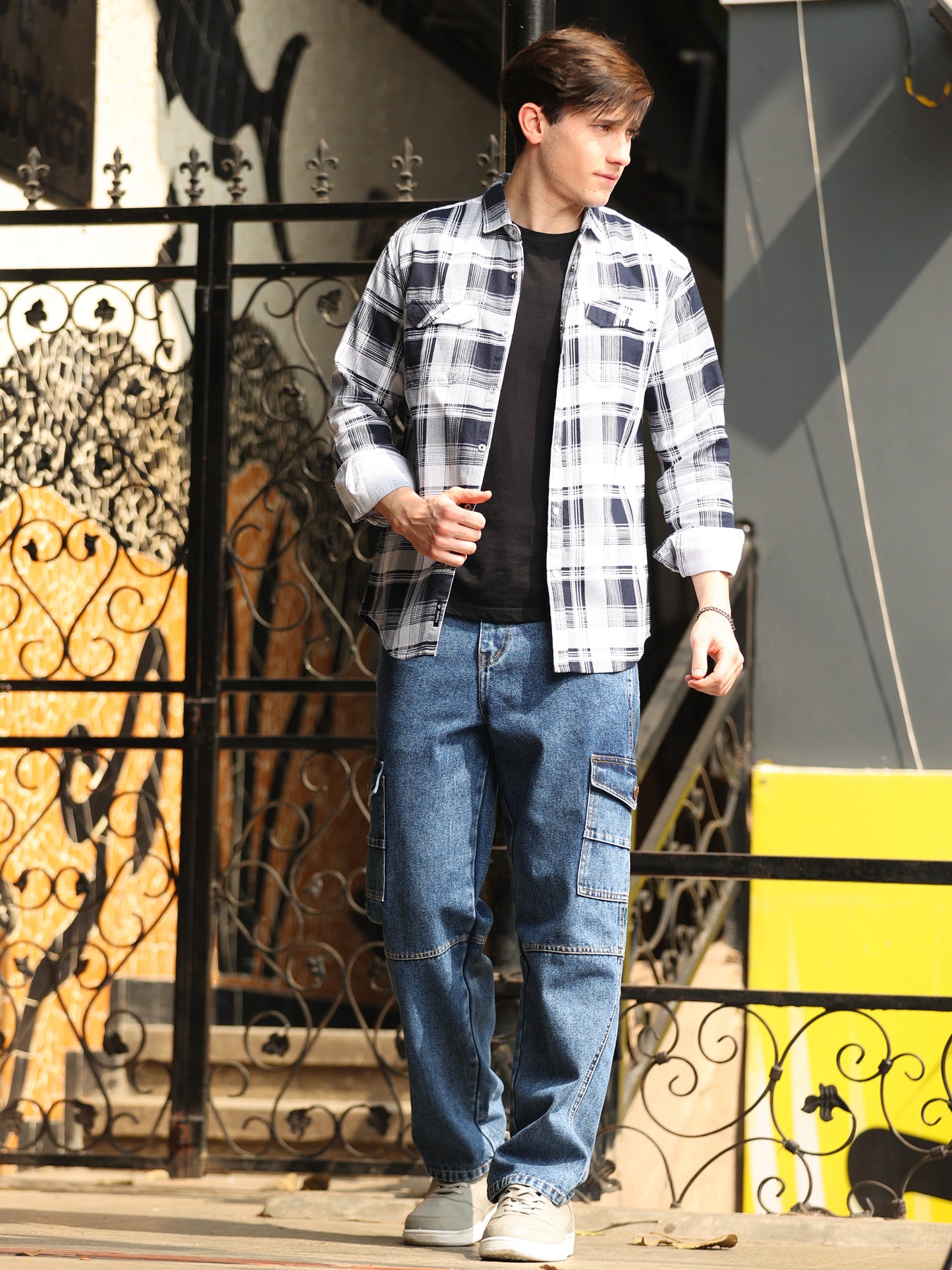Men's full sleeve check shirt with dual pockets and smart casual outfit
