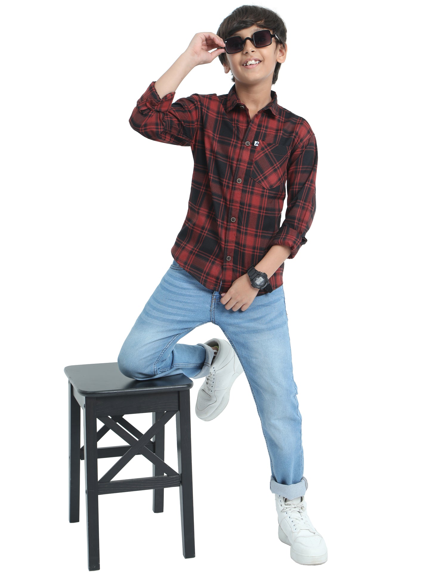 Tiger Cotton Checks Boys Orange Shirt