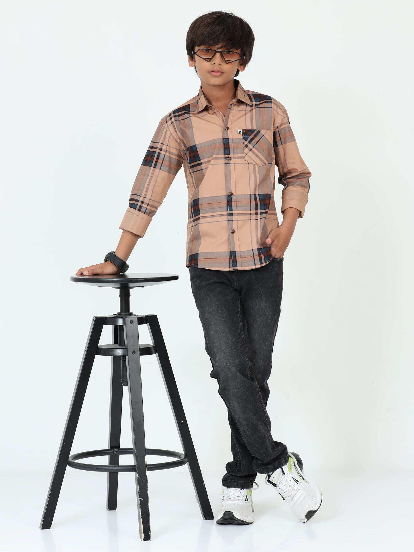 Orange Broadchecks Cotton Blend Kids Boys Shirts