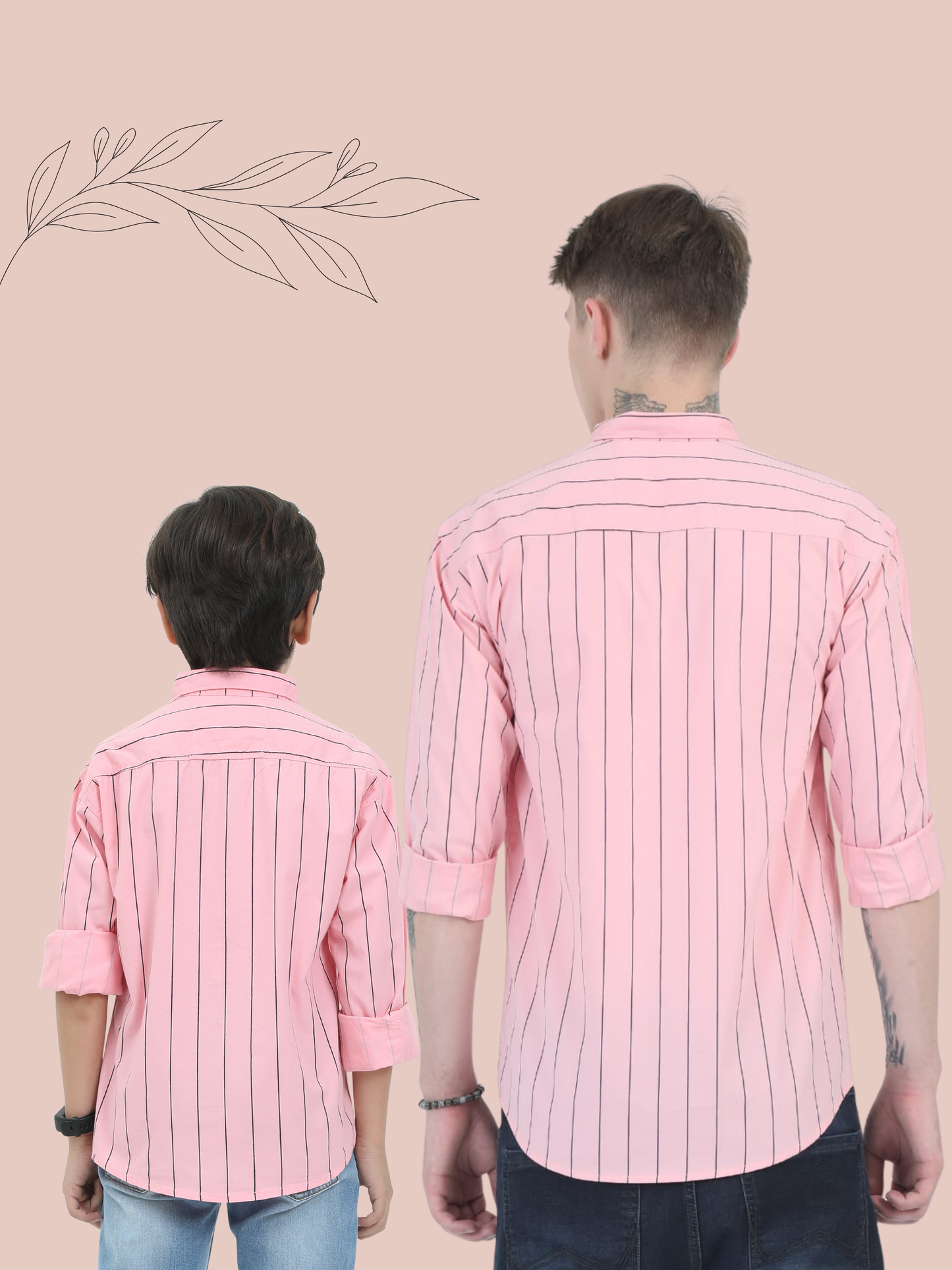 Two people wearing pink striped shirts against a beige background