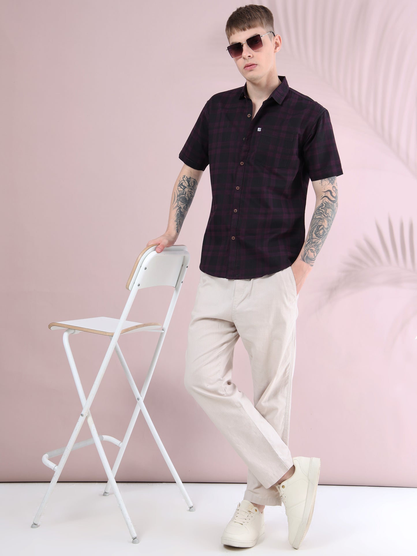 Men, purple & black checked short sleeve cotton shirt