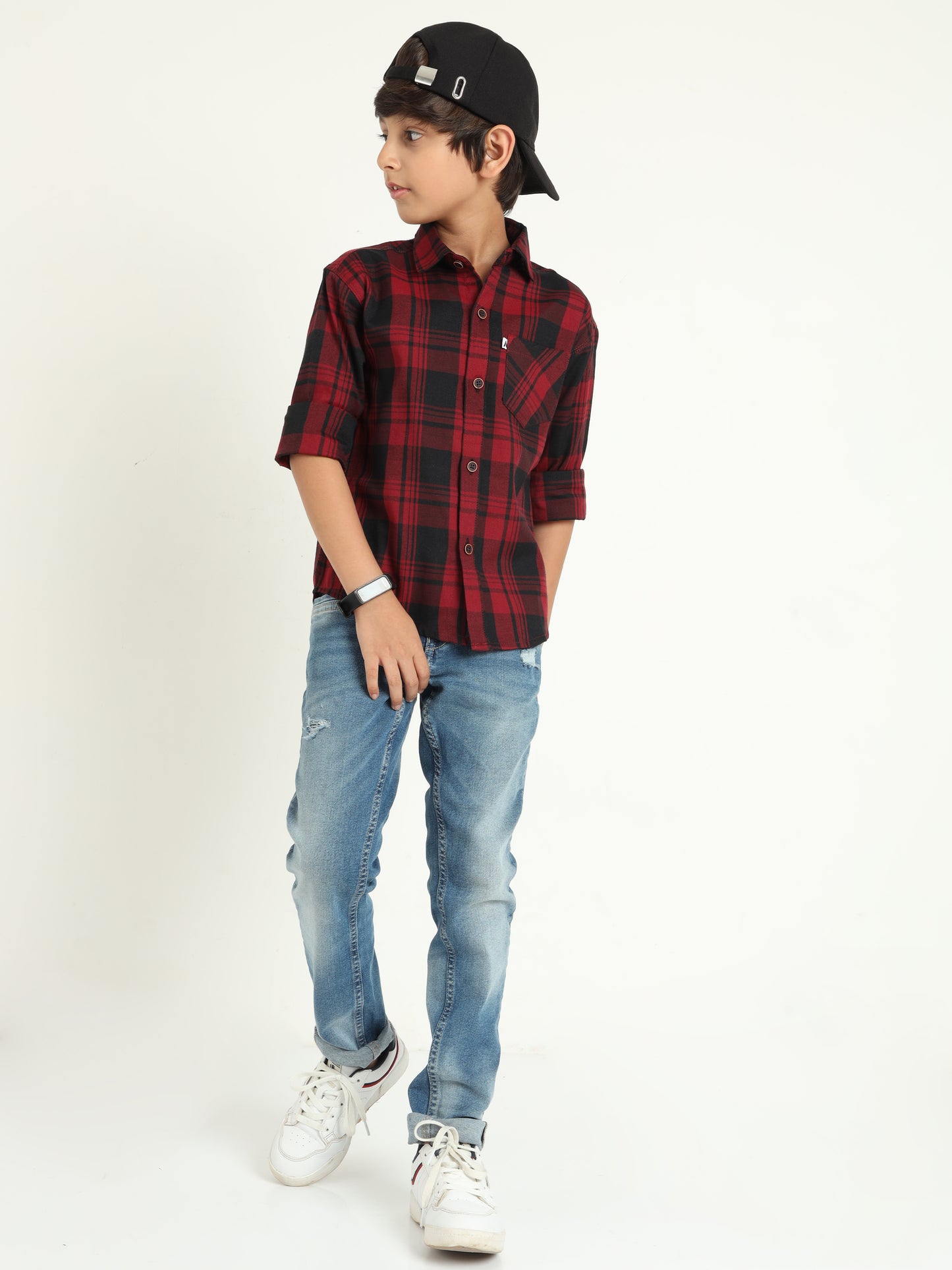 Wanted Red Cotton Blend Checks Shirt For Kids