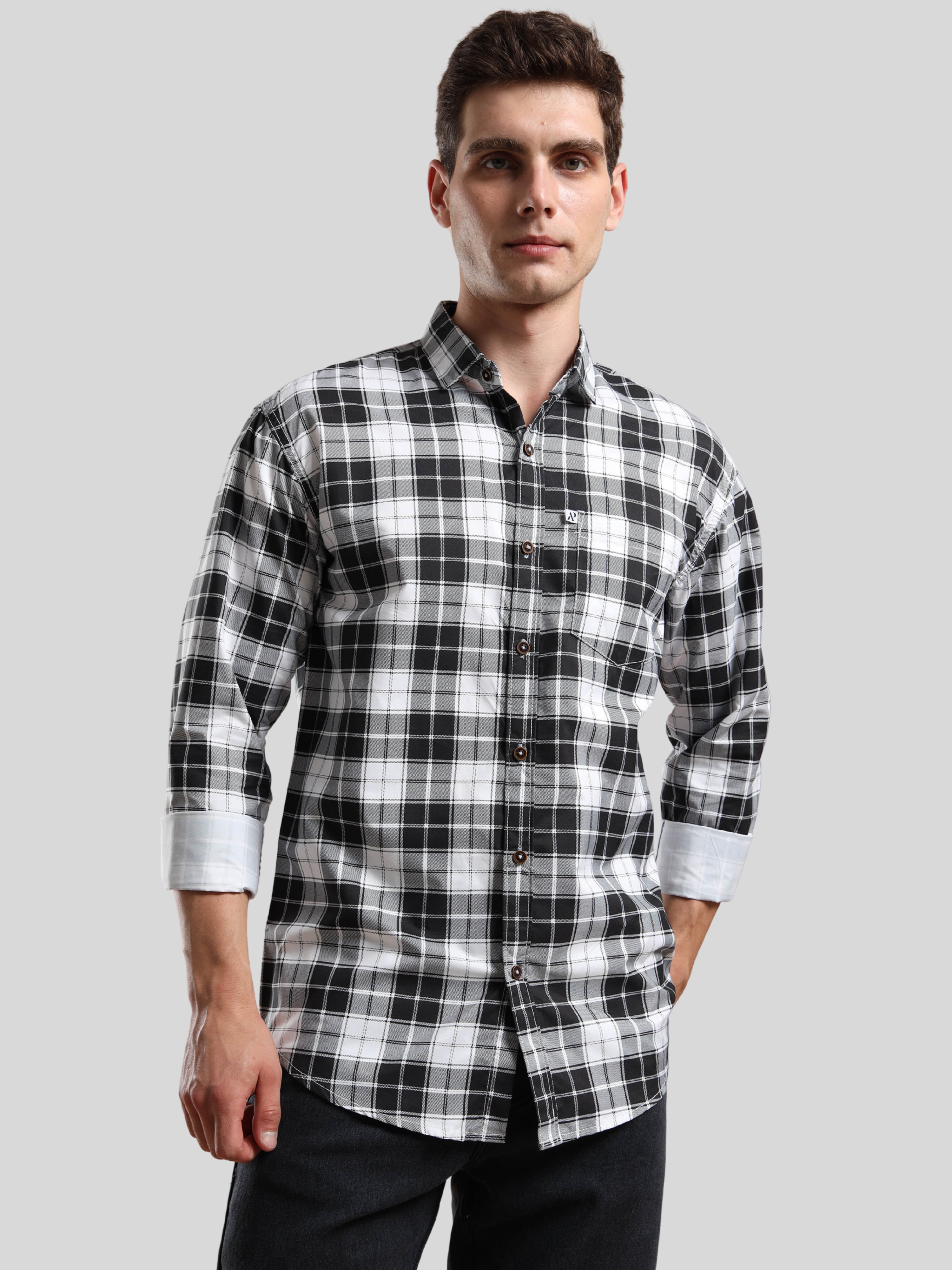 4BOXCHECKS Black & White Cotton Blend Checkered Full Sleeve Shirt for