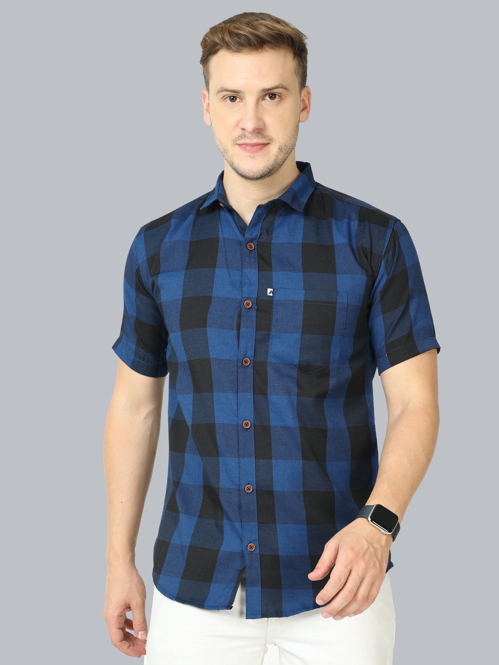 Tomtom Navy Cotton Blend Checked Shirt With Patch Pocket