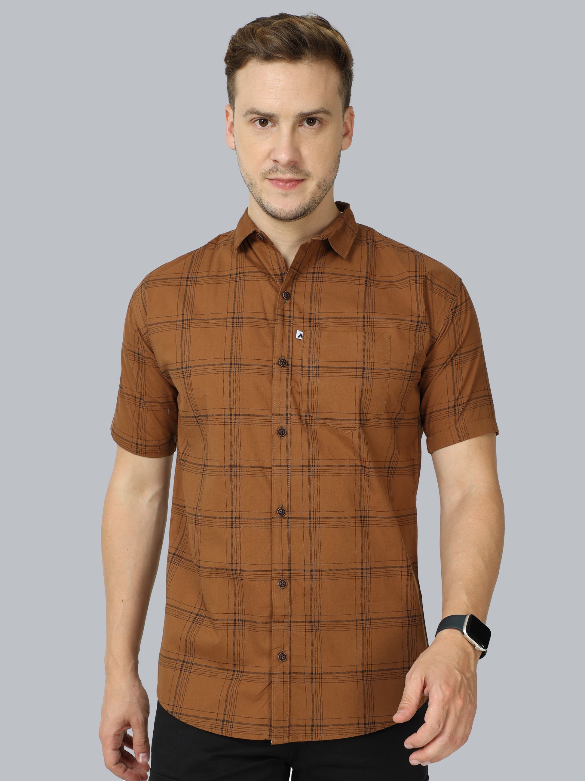  6 Line Cotton Blend Half Sleeve Mens Brown Check Shirt 