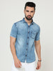 Heavy Washed Single Pocket Cut Away Collor Half Sleeve Denim Shirt For Men