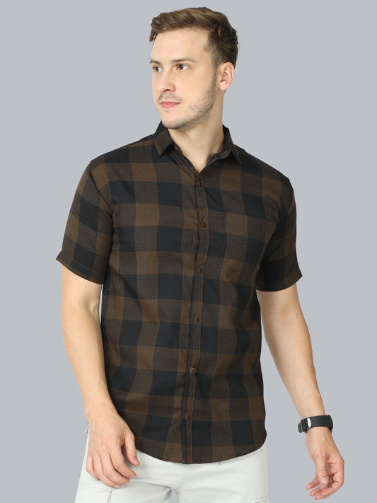 Tomtom Half Sleeve Brown Plaid Shirt For Men Cotton Blend